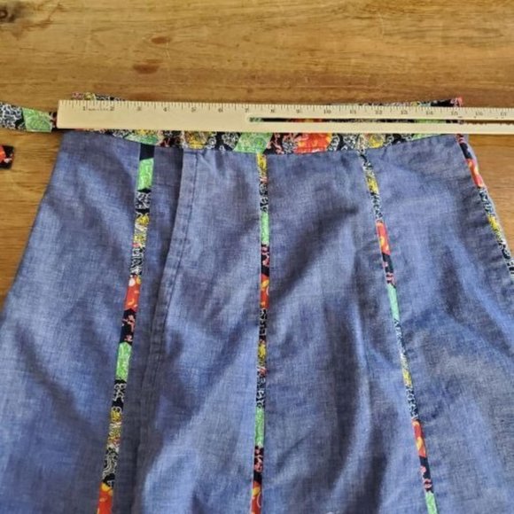 Vintage 70s Threadworks Blue Chambray Paisley Floral Paneled Wrap Skirt - Picture 7 of 9